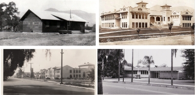 Fillmore High School throughout the years. (Clockwise from upper left) 1910 first high school at 2nd and Saratoga, 1911 high school at 2nd and Central, 1925 high school on Central circa 1965, and the current high school's administration building.