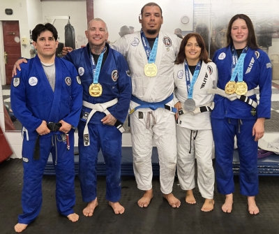 Above is Fillmore’s Perce’s Kenpo Karate Studio’s Professor Michael Torres along with his students who medaled this past weekend at the Jiu Jitsu World League tournament. Pictured (l-r) are Torres, Eric Morales, Jose Ramirez, and Dayana Ramirez who competed at the tournament. See more photos on page 10. Photo credit Emma Torres. 