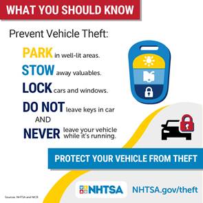 For more information on motor vehicle theft prevention, visit www.nhtsa.gov/road-safety/vehicle-theft-prevention. For additional resources, visit NICB.org.