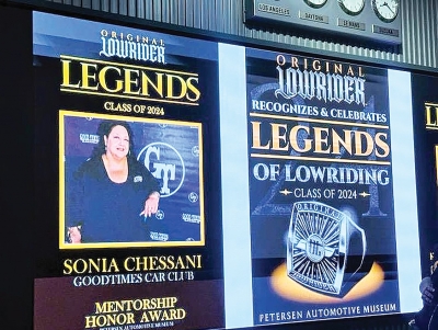 On Friday, November 8, 2024, the Original Lowrider Legends presented Fillmore resident Sonia Chessani, member of Good Times Car Club, with the Mentorship Honor Award at the Petersen Museum.