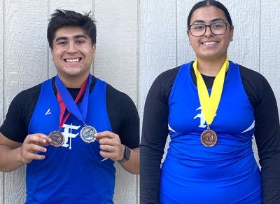 Pictured left is Marcus Lechuga who won two medals at the Ventura County Track and Field Championships. He placed 3rd in the shot put and 2nd in the discus in the seeded division. Pictured right is Lucy Murillo who earned 3rd place in the shot put, seeded division.