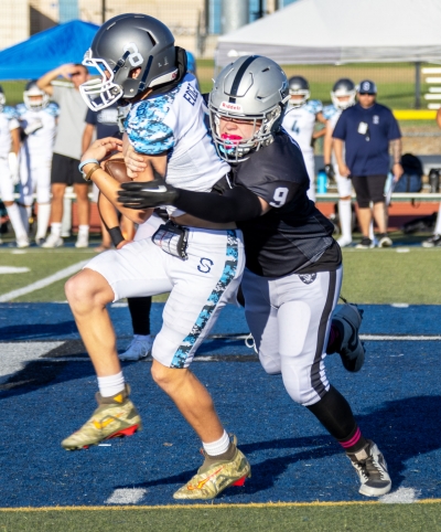 Above is Fillmore Raiders Seniors Black #9 stopping a Camarillo Stingers player dead in his tracks during Saturday’s game. Photo credit Crystal Gurrola.
