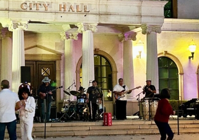 The band “Heart & Soul” grooving away as folks dance Friday night at the Concert in the Park. Photo credit Fillmore Veterans Day Celebration Committee.