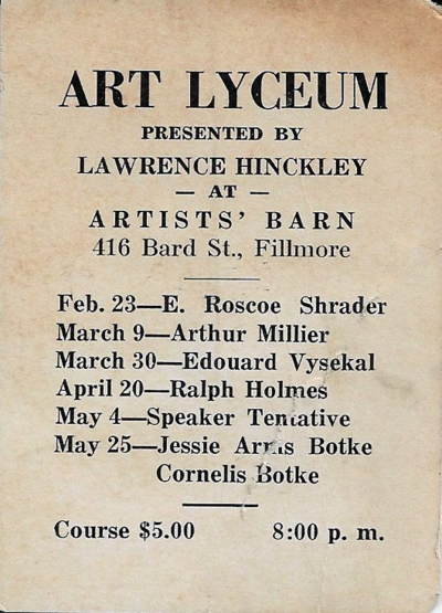 Art Lyceum 1937 Schedule which was a monthly event where speakers would come and speak about art. 