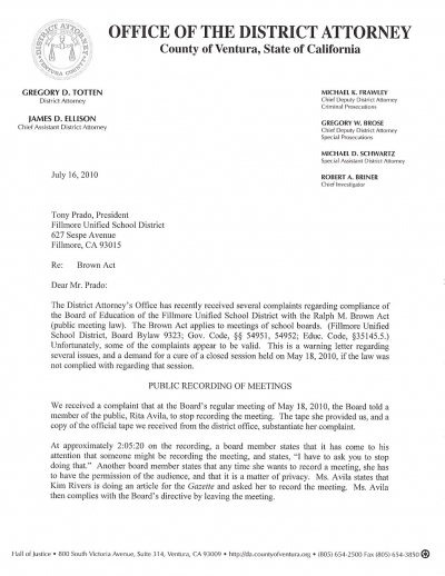 Brown Act violations letter page 1.