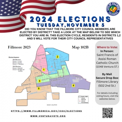 As of December 12, 2023, the City of Fillmore adopted Ordinance 23-958, officially implementing Map 102 B. This November, we’re holding our first district-based election! To help you stay informed, we’ve launched the City of Fillmore – My Elected Representative application. Simply enter your address, and it will show your district and elected representative! Learn more and watch the tutorial here: https://www.fillmoreca.gov/1332/Find-My-Elected-Representative. Got questions? Contact Deputy City Clerk Arely Venegas at 805-524-3701 ext. 217 or avenegas@fillmoreca.gov. Courtesy https://www.facebook.com/cityoffillmore.