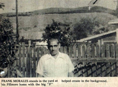A clipping of Frank Morales in 1980 with Fillmore's F in background.