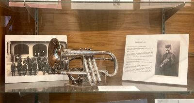 Bobby Styles' Boosey and Hawkes cornet on display at the Fillmore Historical Museum.