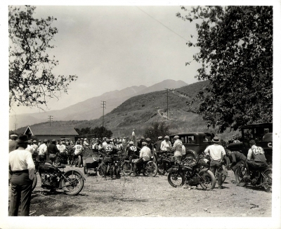A crowd at the 1927 Motorcycle Race with Mount San Cayetano in the background. The race was sponsored by the LA Motorcycle Club and the Fillmore Chamber of Commerce. It brought riders from all over Southern California to race. 