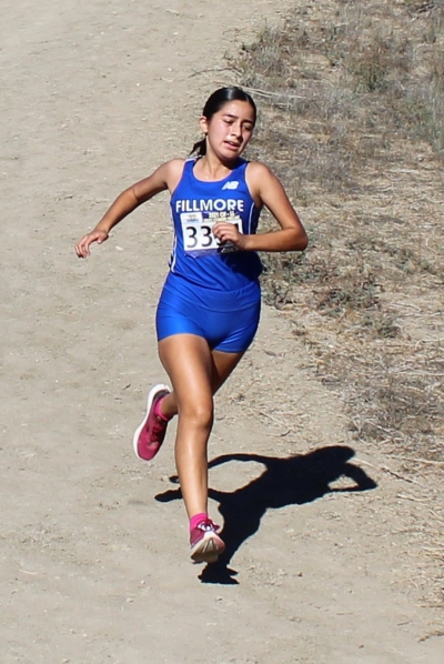 Fillmore’s Andrea Laureano on her way down Reservoir Hill at the 2021 CIF Prelims Andrea finished 57th with a time of 23:47.4.