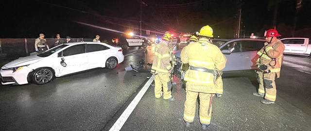 On Friday, November 14, at 6:02 p.m., Fillmore Police Department, Fillmore City Fire, and AMR Paramedics were dispatched to a two-vehicle collision on Ventura Street in front of El Dorado Mobile Homes. Arriving firefighters found two vehicles with both drivers out. The westbound lanes were closed until the roadway was cleared. Photo credit Angel Esquivel.