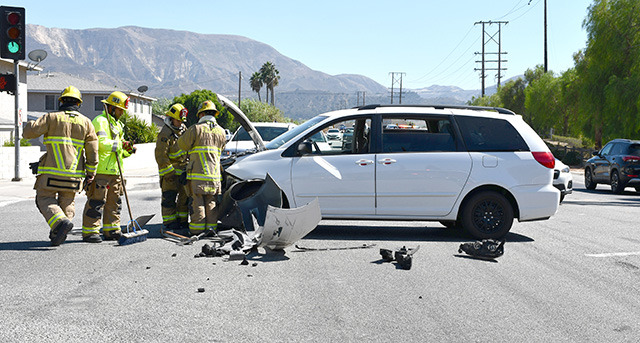 On Monday, August 31, at approximately 3:15 p.m., Fillmore Police Department, Fillmore City Fire, and AMR Paramedics responded to a reported traffic collision at the intersection of River Street and A Street. Firefighters arrived and located two vehicles involved, including one with significant front-end damage. One patient was evaluated and transported to a local hospital; their condition is currently unknown. The cause of the collision remains under investigation. Photo credit Angel Esquivel.