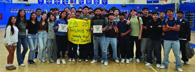 The FHS Staff surprised this year’s FHS Athletes of the Year Nataly Vigil and David Jimenez at the Fillmore High School Gym with teammates, coaches, and administrators this past Wednesday, May 1st. Both athletes will attend a dinner on June 2 where they will be honored with all other Ventura County athletes at the Ventura County Hall of Fame dinner. Photo credit Lilah Duran.