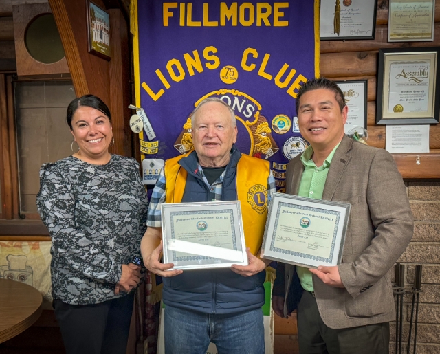 On Monday, March 18, FUSD Superintendent Christine Schieferle and Intern Assistant Superintendent Dr. Isaac Huang presented Scott Lee with thankful awards for his service at Family Science Night. Mrs. Schieferle also shared with Fillmore Lions Club members about all the wonderful submissions they received for the Authors Faire this year. Lions were invited to help judge the stories and they look forward to reading them on May 2nd, at 6:30pm. At the same time the district will be honoring Ernie Morales by reading a story that most embodies what his goals and achievements focused on. This will be the kick-off of years to come, promoting literacy throughout the district. Great job FUSD for honoring Ernie’s legacy and placing literacy high on the radar! Photo & article by Brandy Hollis.