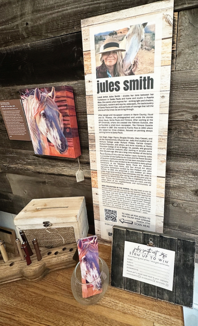 Juliann “Jules” Smith artwork is pictured for sale at E & D Boutique in Santa Paula. Jules was the founding editor of The Fillmore Gazette. Photo credit Gazette Staff.