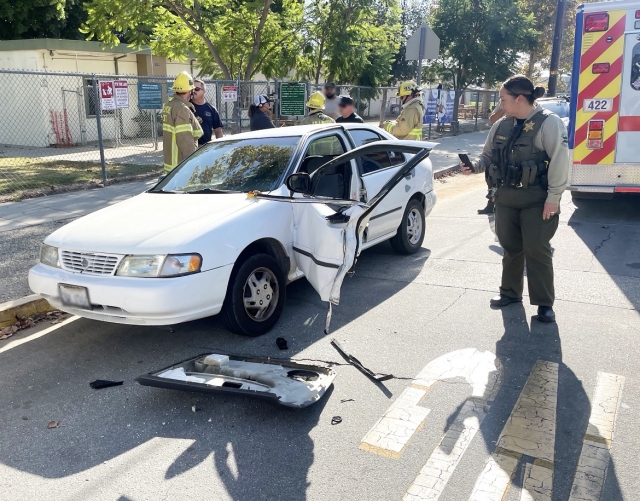 On Monday, September 29th, at 4:00 p.m., Fillmore Police Department, Fillmore City Fire, and AMR Paramedics responded to a two-vehicle collision on First Street near Orchard Street. One vehicle had significant driver door damage while the second vehicle received minor damage. Photo credit Angel Esquivel.