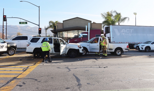 On Monday, December 30th, at 2:52 p.m., Fillmore Police Department, Fillmore Fire Department, and AMR Paramedics were on the scene of a three-vehicle accident at the intersection of Ventura Street and Central Avenue. No ambulance transports were made. Traffic was rerouted up Central Avenue to Santa Clara. Cause of the crash is under investigation. Photo credit Angel Esquivel.
