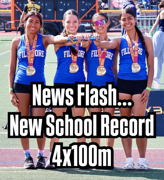 On Sunday, March 30th, 2025, Fillmore High School Girls 4x100 Relay Team took first place as well as shattered a 30-year record set back in 1995. Above is the Flashes Girls 4x100 relay team; (l-r) Mia Munoz, Kimberly Magana, Janessa Corona, and Karinna Magana. Photo credit https://www.blog.fillmoreusd.org/fillmore-unified-school-district-blog/2025/3/30/girls-4x100-team-break-school-record.