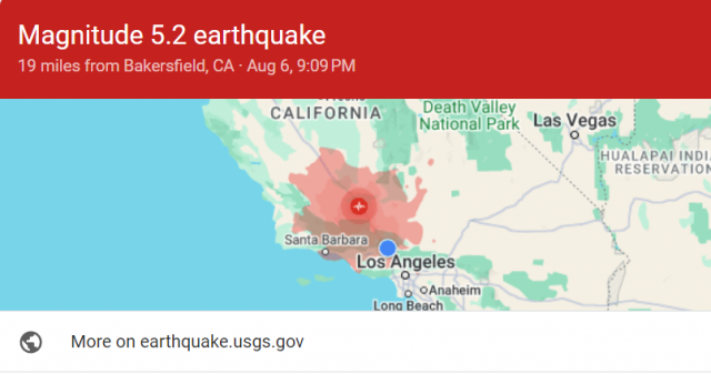 On Tuesday, August 6, at 9:09pm, Fillmore felt a good shake from a nearby earthquake, a 5.2 according to U.S. Geological Survey which struck in Lamont California, about 19 miles from Bakersfield. For more information visit https://earthquake.usgs.gov/earthquakes/eventpage/ci40865184/executive. For earthquake readiness tips visit https://www.fillmoreca.gov/218/Earthquakes.
