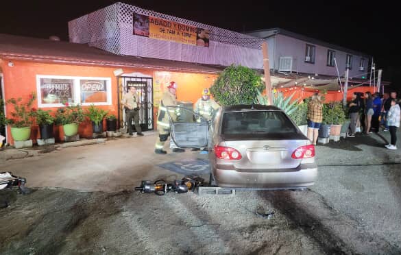 On Friday, September 12th, at 10:05 p.m., Fillmore Police Department, Fillmore City Fire Department, and AMR Paramedics responded to a car collision in front of Taco Llama Restaurant, 323 A Street, Fillmore. Arriving firefighters found two vehicles involved with moderate damage. Firefighters and AMR paramedics treated five patients, and at least two ambulance transports were made. According to the sheriff’s office, one of the drivers was driving under the influence of alcohol. The subject was arrested for VC 23152(a) for causing injury and was booked at the Ventura County Main Jail. Photo credit Gazette staff, above. Photo credit Angel Esquivel, below.