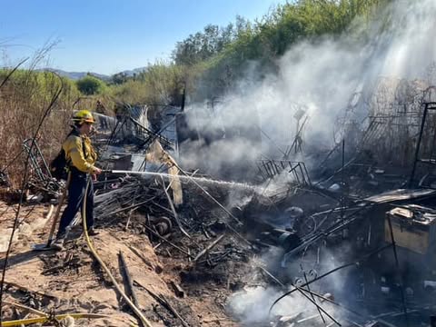 On Friday, September 19th, at 4:18 p.m., Fillmore City and Ventura County Fire Departments responded to a fire in Sespe Creek at SR126 and Old Telegraph Road. Arriving firefighters reported the incident in a homeless encampment. Crews were able to knock down the flames; cause of the fire is under investigation. Photo credit Angel Esquivel.