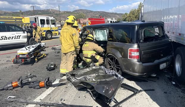 On Friday, September 19th, at 3:17 p.m., Fillmore Police Department, Fillmore City Fire, Ventura County Fire, and AMR Paramedics responded to a reported traffic collision on eastbound Ventura Street near Clay Street. Arriving deputies reported two vehicles with moderate damage and two patients trapped in each vehicle. Firefighters arrived, extricated the patients from both vehicles, and they were treated by AMR Paramedics. An additional ambulance was requested, and three patients were transported to Ventura County Medical Center. Deputies closed both eastbound lanes of Ventura Street until the vehicles were towed. Traffic was backed up for several hours on River Street, Santa Clara Street, A Street, Main Street, Central Avenue, Mt. View, etc. with cars looking for an alternate route to Highway 126. Photo credit Angel Esquivel.