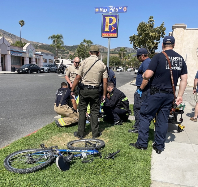 On Monday, June 9th, at 3:25 p.m., the Fillmore Police Department, Fillmore City Fire, and AMR Paramedics responded to a vehicle-bike collision in front of the Fillmore Police Station. The bicyclist was sent to a local hospital in unknown condition. Photo credit Angel Esquivel.