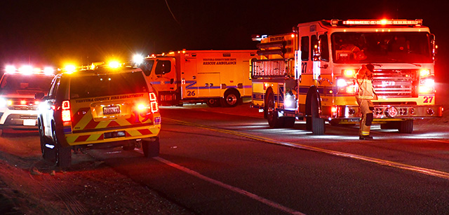 On Sunday, July 26, at 11:12 p.m., the Ventura County Fire Department, California Highway Patrol, Ventura County Sheriff’s Office, and AMR Paramedics were dispatched to a reported traffic collision in the Santa Clara River bottom near Torrey Road in Piru. Upon arrival, firefighters located a vehicle that had rolled over with one injured occupant. Firefighters provided medical care at the scene before transporting the patient to a waiting ambulance that was staged off Torrey Road. The patient was then transported by ground ambulance to a local hospital. Photo credit Angel Esquivel.
