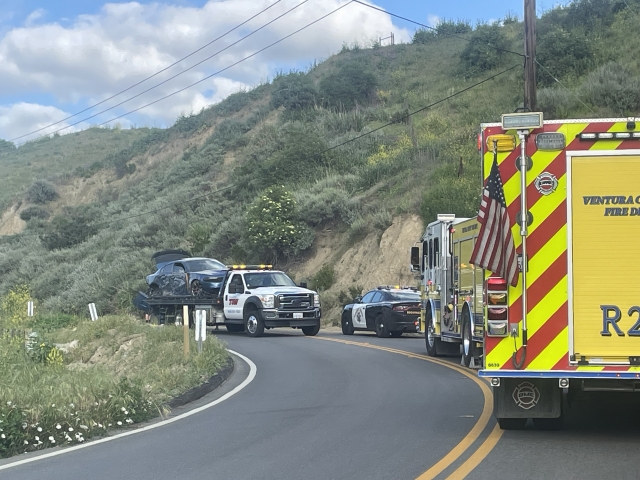 On Tuesday, April 23, at 4:10 p.m., Ventura County Fire Department, AMR Paramedics, and California Highway Patrol were on scene investigating a solo vehicle into mountain in the 1900 block of east Guiberson Road. One patient was transported to a hospital and CHP is currently investigating. Photo credit Angel Esquivel-Firephoto_91.