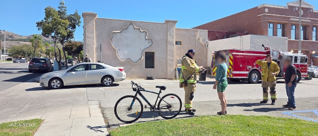 On Monday, October 20th, at noon, a female bicyclist collided with a car coming out of the alley east of the Fillmore Police Station. Minor damage to the car and bike. The bicyclist was treated on-scene. Photo credit Sebastian Ramirez.