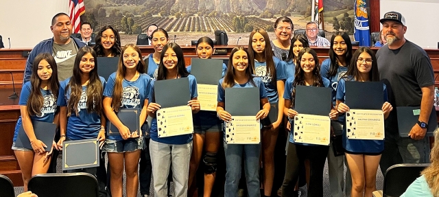 At last Tuesday’s Fillmore City Council meeting the City of Fillmore recognized the Fillmore High School Boys Baseball team (left) for their CIF Championship, and the Fillmore Middle School Girls Soccer team (right) for earning Middle School League Champions. Fillmore Unified School District Superintendent Christine Schieferle, said, “Congratulations students and coaches for all of your athletic accomplishments!” Courtesy https://www.blog.fillmoreusd.org/fillmore-unified-school-district-blog/2025/6/11/city-of-fillmore-recognize-student-athletes-and-coaches.