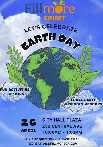 Join Us for Earth Day at Fillmore City Hall! Date: April 26, 2025, Time: 10:00 AM - 1:00 PM, Location: Fillmore City Hall, 250 Central Ave. Celebrate Earth Day with us! Come for a day of arts & crafts, fun activities, and games for all ages! Let’s have a blast while showing some love to our planet. Bring your friends, family, and neighbors – this is going to be an event you won’t want to miss! #EarthDay #FillmoreEarthDay #FunForAll #CommunityEvent #ArtsAndCrafts #Games #Sustainability. Courtesy https://www.facebook.com/photo/?fbid=1055553773271861&set=pb.100064517449611.-2207520000.