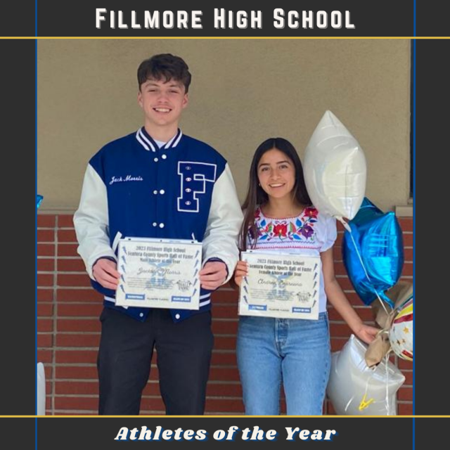 Congratulations to Fillmore High School’s Jackson Morris
and Andrea Laureano who were named this year’s Athletes
of the Year. Photo courtesy https://www.facebook.com/
fillmorehighschool/photos/a.1029949460517220/
2368746403304179/?type=3