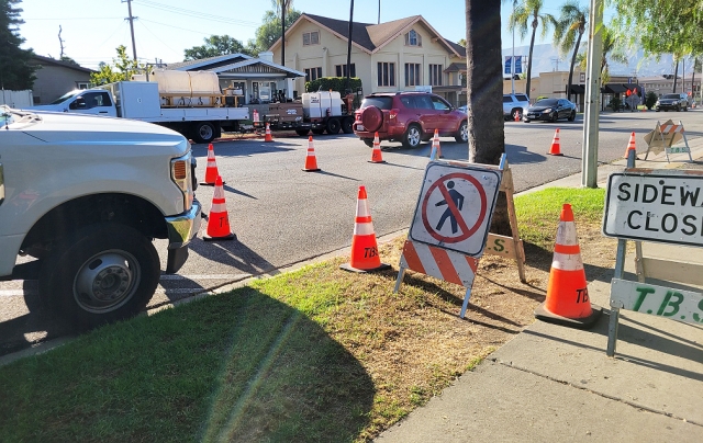 On Friday morning, August 15th, traffic on Central Avenue and sidewalk traffic on Kensington were rerouted as crews set up cones to prepare for work in the area. Photo credit Gazette Staff.