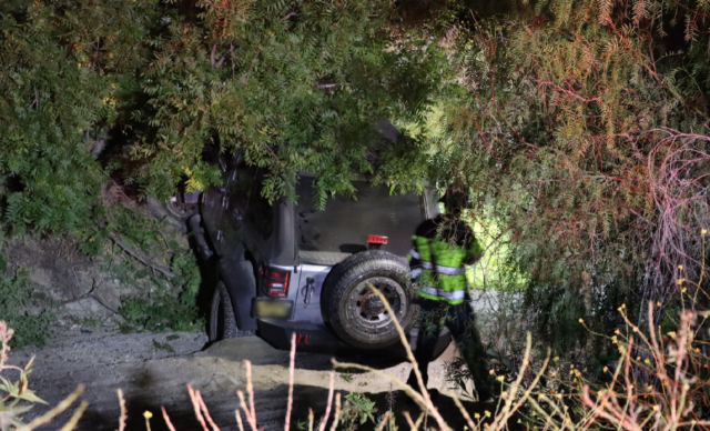 On Wednesday, June 5, at 9:19 p.m., Ventura County Fire Department, AMR Paramedics, and California Highway Patrol were investigating a two-vehicle collision that resulted with a Jeep plunging into a ditch in the 1700 block of Grimes Canyon Road, Bardsdale. No ambulance transports were made; cause of the crash is under investigation. Photo credit Angel Esquivel-Firephoto_91.