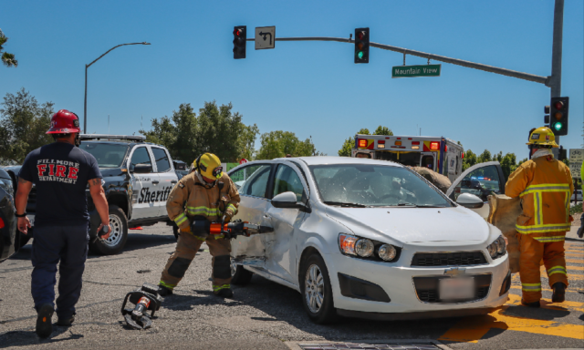 On Tuesday, July 16th, at 2:21 p.m., Fillmore Police Department, Fillmore Fire Department, and AMR Paramedics responded to a reported traffic collision at Ventura Street and Mountain View Street. Upon arrival, firefighters discovered two vehicles involved. One of the vehicle’s occupants had to be extricated with the Jaws of Life; two occupants refused medical treatment, and one additional patient was transported to a local hospital. Cause of the collision is under investigation. Photo credit Angel Esquivel-Firephoto_91.