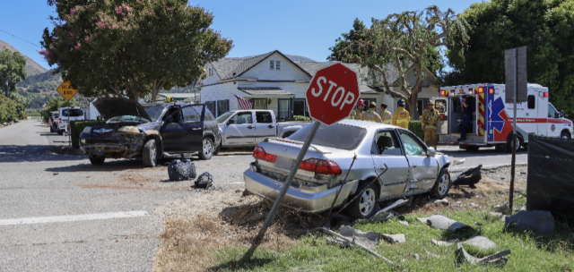 On Saturday, July 27th, at 3:27 p.m., the Ventura County Fire Department, AMR Paramedics, and California Highway Patrol responded to a traffic collision on Bardsdale Avenue at Owen Street. Arriving firefighters located three vehicles involved, all with moderate damage. One patient was transported to a local hospital, condition unknown. Photo credit Angel Esquivel.