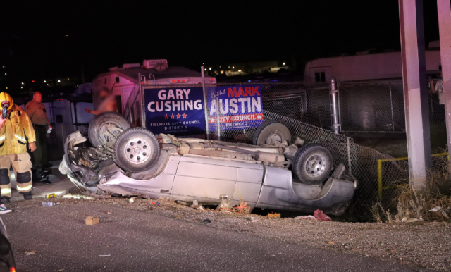 On Tuesday, September 24th, at approximately 7:29 p.m., Fillmore Police Department, Fillmore Fire Department, and AMR Paramedics responded to a reported a single-car rollover on eastbound SR126 near Pole Creek. Arriving firefighters found a silver Ford Ranger on its roof, with the driver out. Deputies closed both eastbound lanes, leaving the center divider free for through traffic. No ambulance transports were made; cause of the crash is being investigated. Photo credit Angel Esquivel.