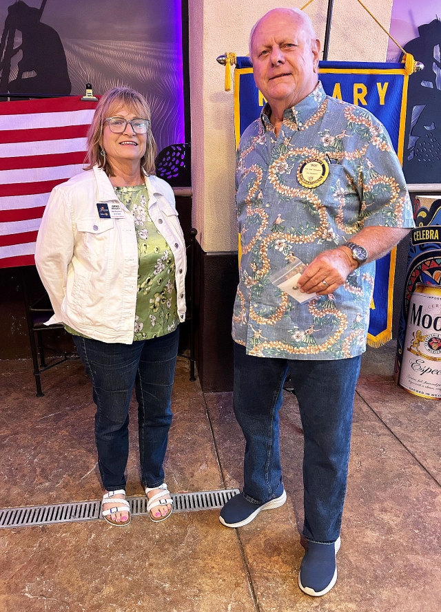 At last week’s Fillmore Rotary Club meeting President Anna presented Rotarian Dick Richardson a Rotarian of the Month pin for being in the club for the most years, 39. Photo credit Martha Richardson.