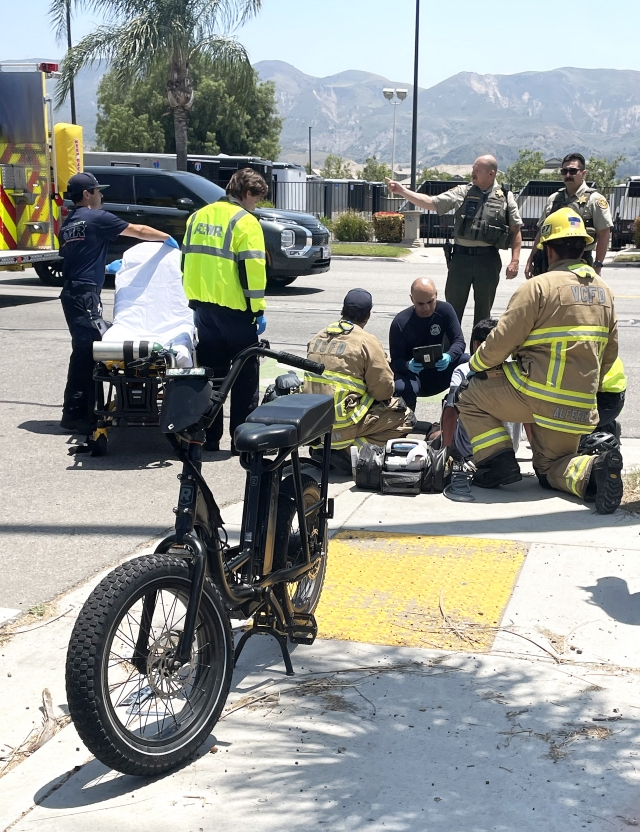 On Thursday, June 5th, at 9:23 a.m., the Fillmore Police Department, Fillmore Fire, and AMR Paramedics responded to a car vs. E-Bike incident in the 200 block of Central Avenue. The rider was taken to a local hospital; his condition is unknown. The cause of the crash is under investigation. Photo credit Angel Esquivel.