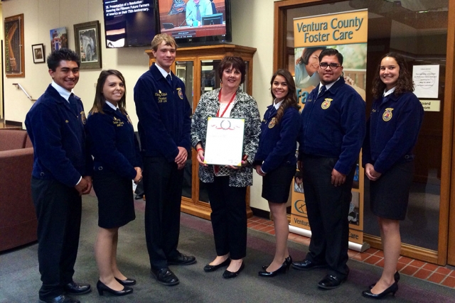 Tuesday May, 13th Supervisor Kathy Long presented the Fillmore FFA students with a proclamation celebrating 75 years of continued service in developing and educating community leaders in Agriculture and Leadership.