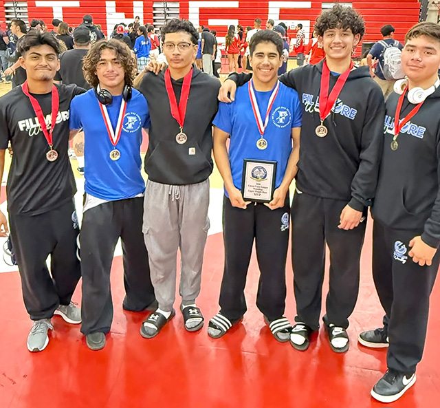 On Saturday, February 7, Fillmore High Boys Wrestling competed at the Citrus Coast League Championship and two FHS Athletes collected individual CCL Championship titles. Pictured left to right are Tony Lemus, James Alcantar, Emiliano Castanon, Gonzalo Landeros, Brendan Morales, and Kobe Avila. Not pictured are Abraham Castorena and Eddie Padilla. Photo credit Lauren Morales.
