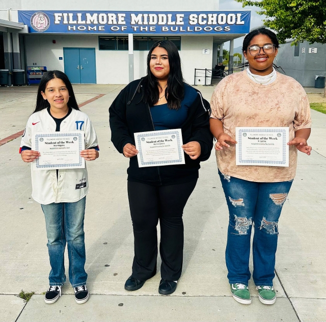 Fillmore Middle School Principal Jenny Plugge said, “We want to celebrate our students of the week. Mia Magana, Malina Garcia, and Xi Lerma. Congratulations to these Bulldogs for demonstrating Bulldog Pride.” Courtesy https://www.blog.fillmoreusd.org/fillmore-middle-school-bulldogs-blog/2025/4/25/bulldogs-have-pride.