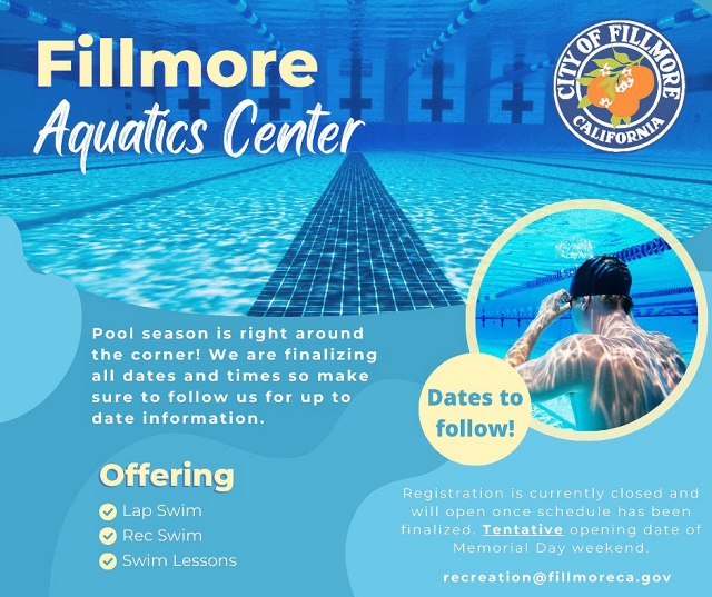 Posted April 15, 2025, Courtesy https://www.facebook.com/photo?fbid=1060922172735021&set=a.2253137 42962539
Get ready, Fillmore! Fillmore Aquatic Center has a tentative opening for Memorial Weekend, and we’re excited to start another amazing pool season! We are finalizing all dates and times, so make sure you follow us to stay up to date with updates. This season we will be offering: Track swimming (lap swim); Recreational swimming; Swimming lessons for all ages. For more information, write to us at recreation@fillmoreca.gov Let the countdown to summer fun begin!