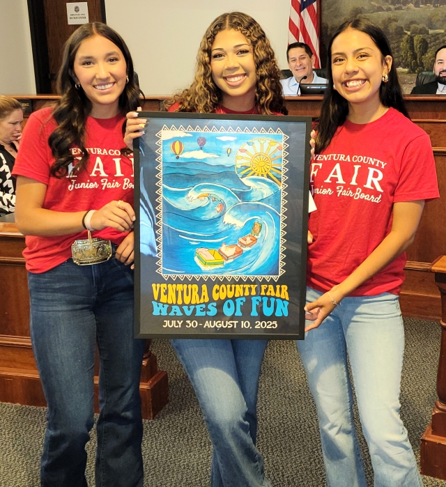 On Tuesday, July 8th, Fillmore High School juniors Sarah Cedillos, Maya Young and Mira Urbano, on behalf of the VC Junior Fair Board, presented the 2025 Ventura County Fair Poster Contest winner’s artwork to Fillmore City Council, as well as announcing the 2025 concert line-up and special admissions for this year’s fair which will start July 30th – August 10th. This year’s poster winner was Kalen Kwak, a 4th grader from Camarillo.