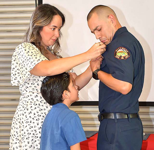 Friday, July 3, the Fillmore Fire Department held the Class 13 Graduation ceremony for 8 new members after completing their fire training academy mentioned on page 1. Pictured are some of the members getting their pins. Photo credit Angel Esquivel.