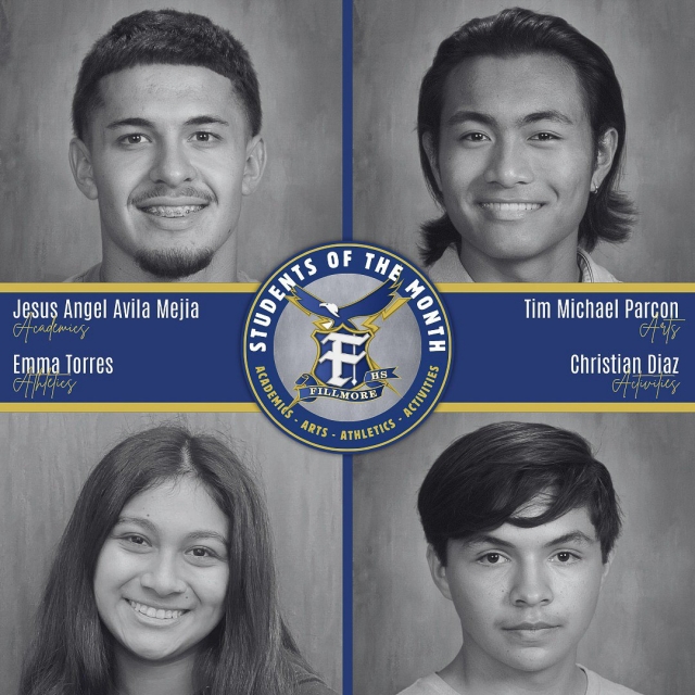 Pictured are FHS February Students of the Month Jesus Angel Avila Mejia, Academics; Emma Torres, Athletics; Tim Michael Parcon, Arts and Christian Diaz, Activities. Photo courtesy https://www.blog.fillmoreusd.org/fillmore-high-school-flashes-blog/2025/2/12/students-of-the-month-january-2025.