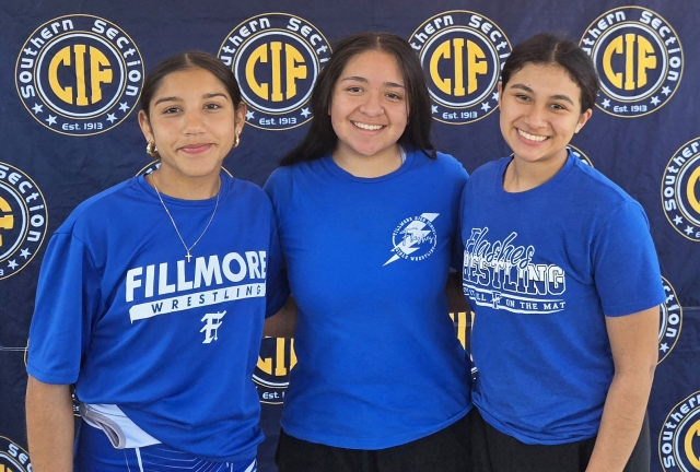 On Friday, February 21st, Fillmore High Girls Wrestling Team concluded its 2025 season at the CIF Masters Meet, held at Sonora High School in La Habra. Three Fillmore athletes, Naomi Bonilla, Alexa Martinez, and Emma Torres, were named Citrus Coast League Champions this year and represented Fillmore well at the meet. Photo credit Girls Wrestling Head Coach Michael Torres.