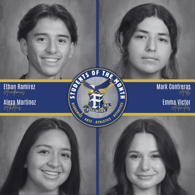 FHS January Students of the Month: Ethan Ramirez for Excellence in Academics, Mark Contreras for Excellence in Arts, Alexa Martinez for Excellence in Athletics, Emma Victor for Excellence in Activities. Photo courtesy https://www.facebook.com/photo.php?fbid=1435308237842554&set=a.1044897383550310&type=3.