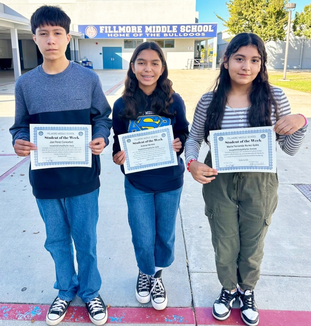 Fillmore Middle School Principal Jenny Plugge said, “The fantastic teachers here at FMS have continued the Student of the Week tradition starting with the second quarter. We want to celebrate our students of the week: Maria Nunez Ayala, Aubree Herrera, and Joel Perez Comonfort. Congratulations to these Bulldogs for demonstrating Bulldog Pride.” Courtesy https://www.blog.fillmoreusd.org/fillmore-middle-school-bulldogs-blog/2024/10/18/bulldog-have-pride.